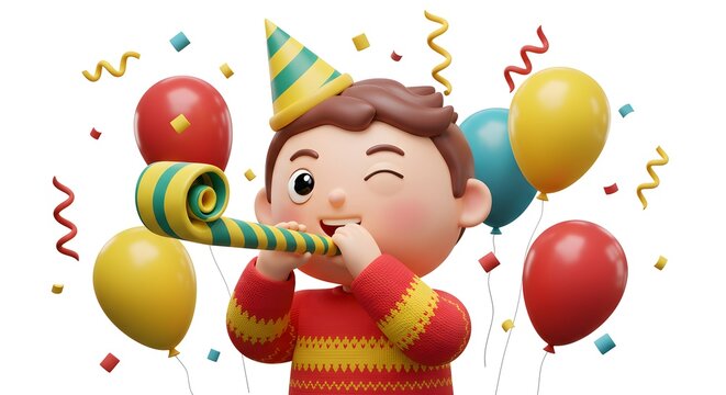 Happy 3D cartoon boy celebrating a festive party, winking with a party hat, horn, balloons, and confetti - Powered by Adobe
