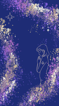 Divine Starry Night Phone Wallpaper &ndash; Spiritual Line Art Woman in Prayer