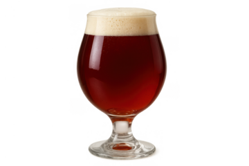 Craft red ale beer glass with frothy foam, refreshing alcoholic drink on transparent background