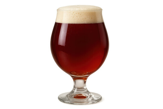 Craft red ale beer glass with frothy foam, refreshing alcoholic drink on transparent background