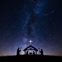 Fototapeta premium Silhouette of a Christmas Nativity scene under a starry night sky with bright star of Bethlehem. Christian holiday, religious event.