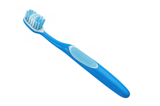 Blue plastic toothbrush with soft bristles showing daily dental hygiene, oral care, and personal grooming on transparent background
