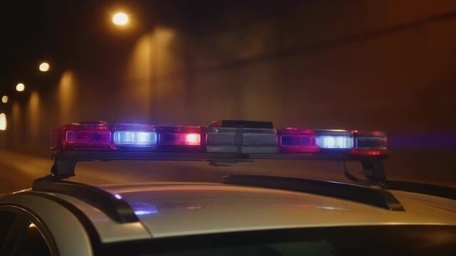 Emergency vehicle roof with flashing red and blue lights at night for law enforcement or safety patrol on duty in an urban environment