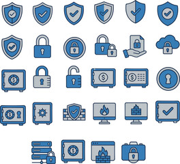 A clean vector set of cyber security icons including shields, locks, safes, cloud security, firewalls, encryption, data protection, login safety and secure access. Perfect for business, IT and technol