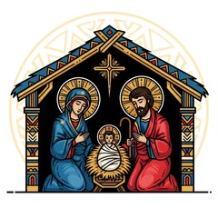 Obraz premium Nativity scene with woman mary, man joseph and baby Jesus in a wooden manger. Birth of Christ concept for Christmas and Epiphany holiday.