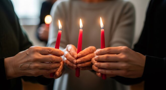 Women holding red candles with lit flames. Christian baptism ritual and religious ceremony concept for church and spiritual event.