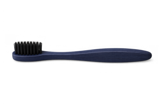 Toothbrush with a blue wooden handle and black bristles, promoting daily oral care and sustainable dental hygiene