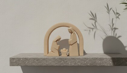 Nativity scene figurine displayed on stone shelf against white wall
