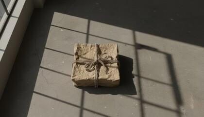 Brown wrapped gift box with twine on floor with sunlight shadows
