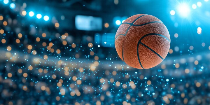 Dynamic Action Shot of Basketball Flying Through the Air During a Vibrant Sport Event Background