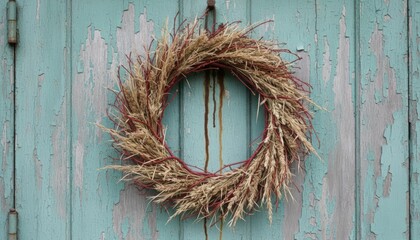 Natural straw wreath hanging on a rustic blue wooden door
