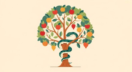 Snake wrapped around the tree of knowledge with many fruits, symbolizing the biblical story of Edem garden and the temptation of Adam and Eve.