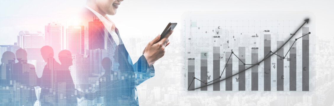 A businessman engaged with a smartphone in one hand, surrounded by a modern cityscape and an upward trending graph. Perfect for depicting business growth and financial analysis. Impute - Powered by Adobe
