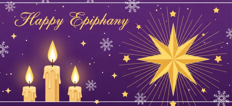 Happy Epiphany greeting with three lit candles and a shining star of Bethlehem. Christian holiday celebration for tradition. Banner with copy space