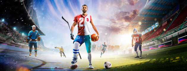 Multi-sport collage depicting various sports and hobbies. A multi-sport background combining various sports. Boxing, basketball, paintball, soccer, football, hockey, cycling, fitness, gymnastics