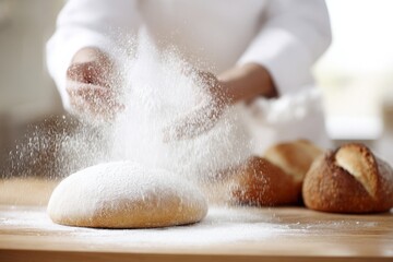 Professional baker's hands sprinkle white flour on soft bread dough, fresh baked rolls sit on rustic wooden table.