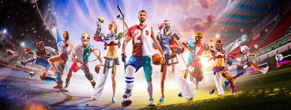 Multi-sport collage depicting various sports and hobbies. A multi-sport background combining various sports. Boxing, basketball, paintball, soccer, football, hockey, cycling, fitness, gymnastics