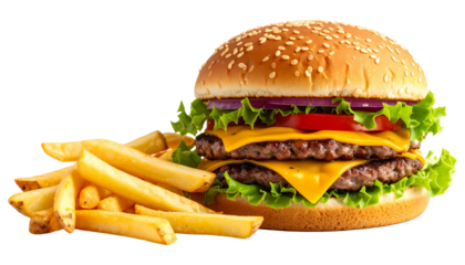 Large cheeseburger with fries presented on a plain white backdrop, indulgent meal choice