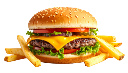 Large cheeseburger with fries presented on a plain white backdrop, indulgent meal choice