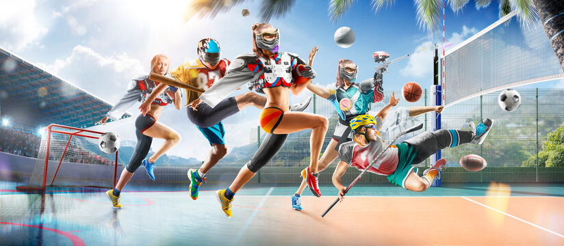 Multi-sport collage depicting various sports and hobbies. A multi-sport background combining various sports. Boxing, basketball, paintball, soccer, football, hockey, cycling, fitness, gymnastics - Powered by Adobe
