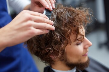 Naklejka premium Barber gently combs man curly brown hair during professional styling service at barbershop.