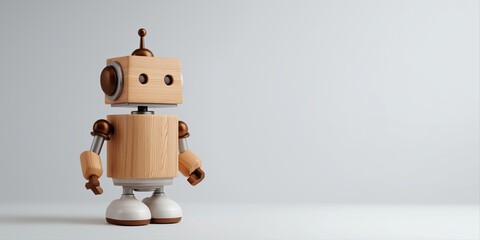 Fototapeta premium Wooden toy robot with metal accents on white background