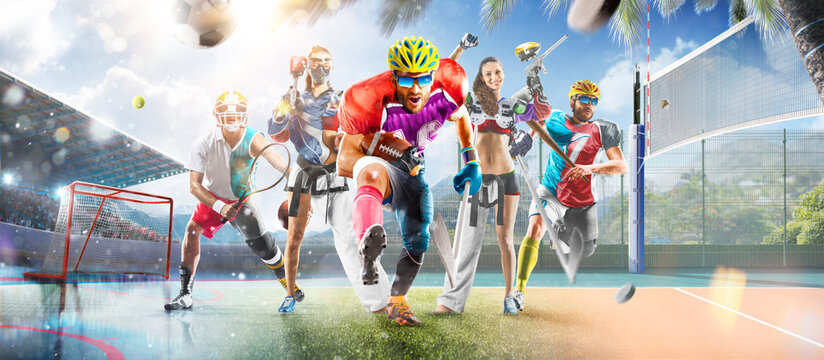 Multi-sport collage depicting various sports and hobbies. A multi-sport background combining various sports. Boxing, basketball, paintball, soccer, football, hockey, cycling, fitness, gymnastics
