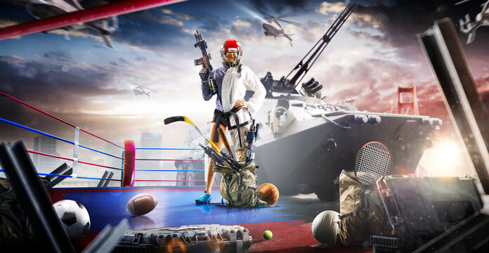 Multi-sport collage depicting various sports and hobbies. A multi-sport background combining various sports. Boxing, basketball, paintball, soccer, football, hockey, cycling, fitness, gymnastics