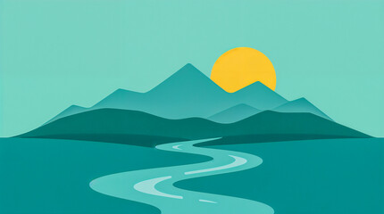 A minimalist, flat design illustration of a winding river flowing through teal mountains under a bright yellow sun.