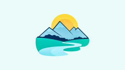 Stylized illustration of a serene mountain landscape with a winding river flowing through green hills under a bright, setting sun.