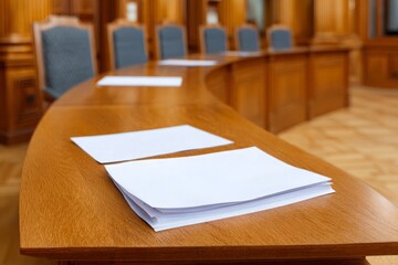Large wooden courtroom table holds legal documents, plain papers stacked, empty chairs wait in formal setting.