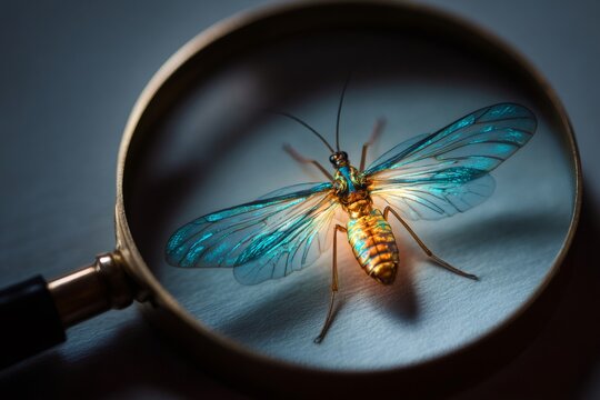 Magnifying glass revealing intricate details of a luminous alien like insect with iridescent wings on a clean surface