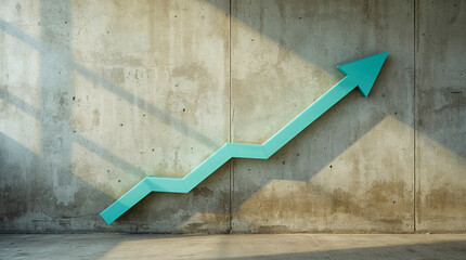 A turquoise arrow points upward against a concrete wall, symbolizing growth, progress, and success. Sunlight casts shadows on the textured surface.