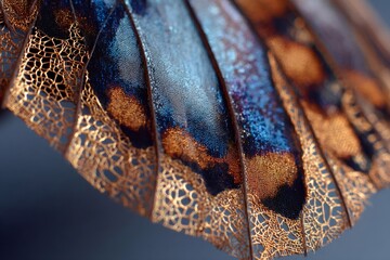 Close up showing a detailed butterfly wing featuring vibrant blue and bronze scales with delicate, skeletal golden edges