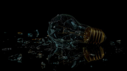 Fototapeta premium A broken incandescent lightbulb lies on a reflective black surface, surrounded by shattered glass fragments. The scene is starkly lit against a dark background.