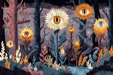 Fantasy forest showing multiple surreal eye like flowers growing among dark trees and twisted plants, creating a mystical, mysterious atmosphere
