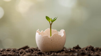 A delicate green sprout emerges from a cracked eggshell planted in rich soil, symbolizing new life and growth in a serene, blurred background.