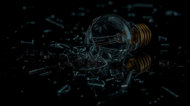 A shattered lightbulb lies on a reflective black surface, surrounded by scattered glass fragments. The filament is visible within the broken glass.
