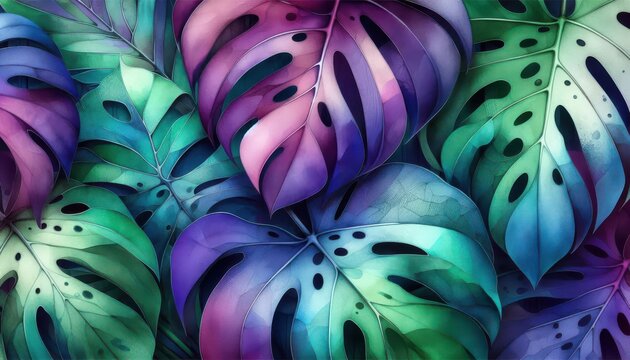 Watercolor-style tropical Monstera foliage mottled background featuring pastel muted greens with subtle purple accents.