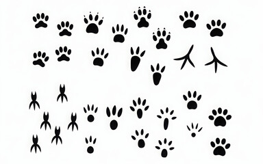 Fototapeta premium Collection of animal footprints vector illustration of various mammal and bird tracks isolated on white background