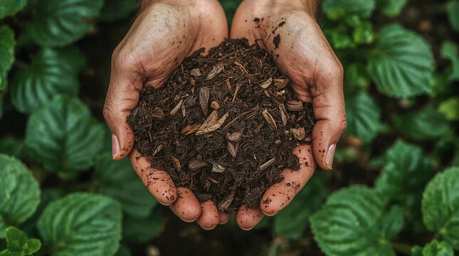 Hands cupped and full of rich, dark compost, with green foliage in the blurred background. A symbol of growth and nurturing nature.