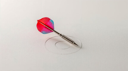 A dart with a vibrant red and blue feathered tail lies on a white surface, its pointed tip resting just inside a faint, drawn circle.