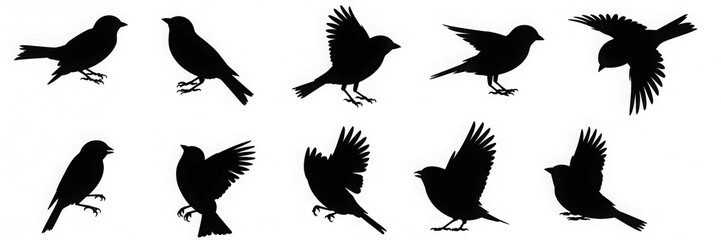 Fototapeta premium Set of bird silhouettes in various poses vector illustration of flying and perched birds isolated on white background