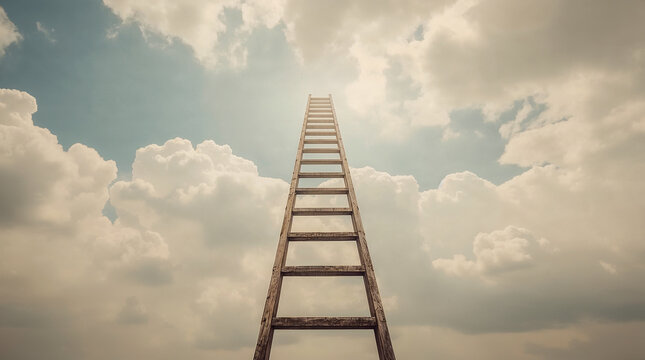 A weathered wooden ladder ascends vertically towards a bright sky filled with dramatic clouds, symbolizing aspiration and the path to success.