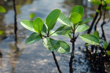 Green mangrove leaves and stems emerging from shallow water, indicating new growth and ecological resilience in a tropical wetland