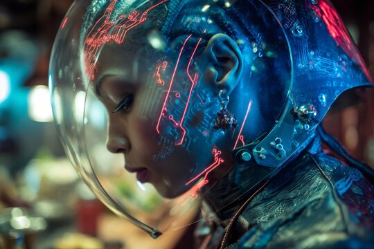 Cyberpunk woman wearing a futuristic clear helmet, displaying luminous red circuit board patterns on her face - Powered by Adobe