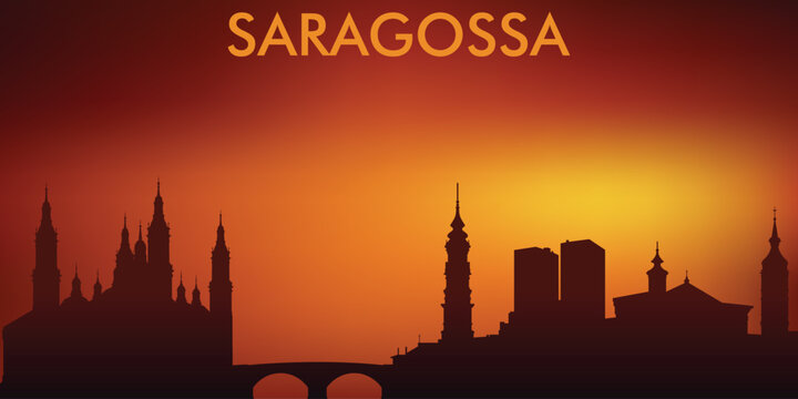 Stylized silhouette of Zaragoza (Zaragoza / Saragossa), Spain, at sunset with a characteristic orange-red gradient of the sky.