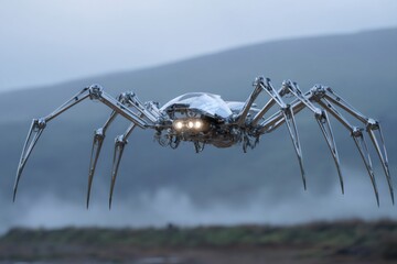 Metallic spider drone with glowing sensors hovering over terrain. Modern robotic technology for surveillance or exploration