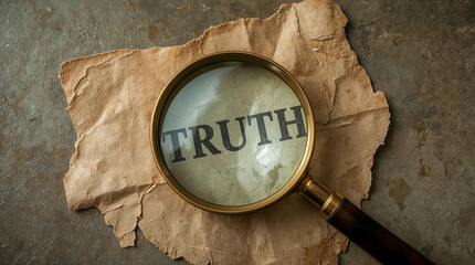 A magnifying glass focuses on the word "TRUTH" printed on aged, torn parchment paper, symbolizing the search for verifiable facts and authenticity.