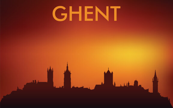 Minimalist silhouette of the Ghent skyline (Belgium) against the backdrop of a bright sunset. The design is very popular on souvenirs, postcards, T-shirts, and tourist posters.